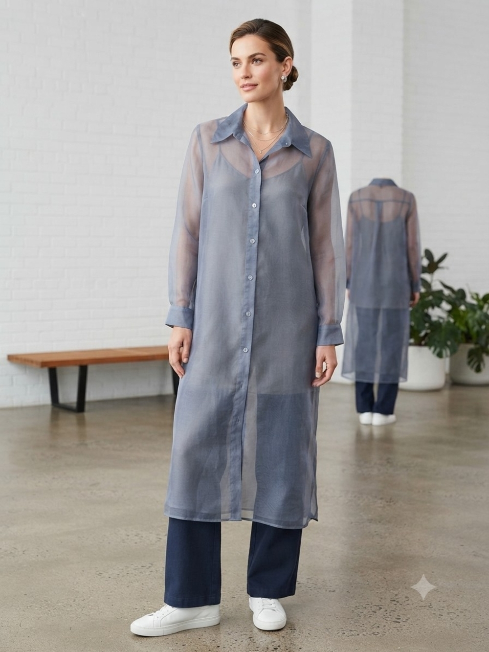 Sheer Long Button-Front Shirt Dress - Blue